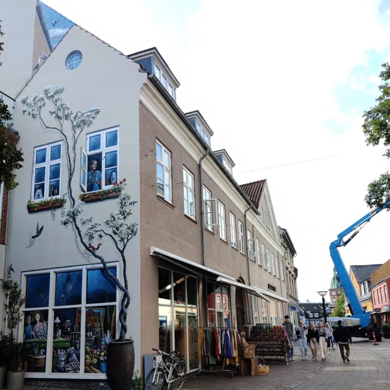 Wall painting walking street Helsingørgade in Danish town Hillerød 2022